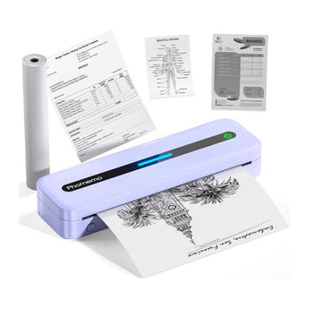 Purple Phomemo M832 Bluetooth portable printer printing various sizes of thermal paper