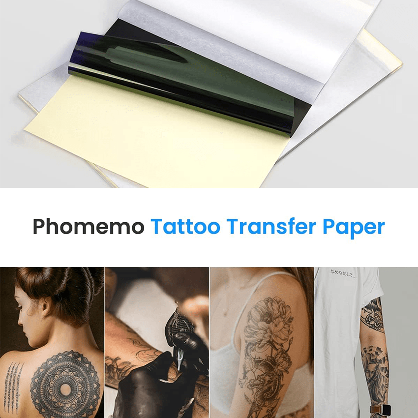 Phomemo Tattoo Transfer Paper showing layered stencil sheets and tattoo transfer results on skin