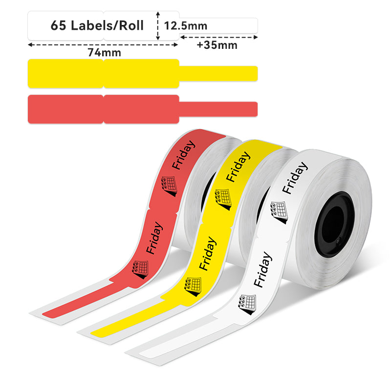 Three rolls of Phomemo cable label tape in red, yellow and white, ideal for organizing and identifying electrical wires.