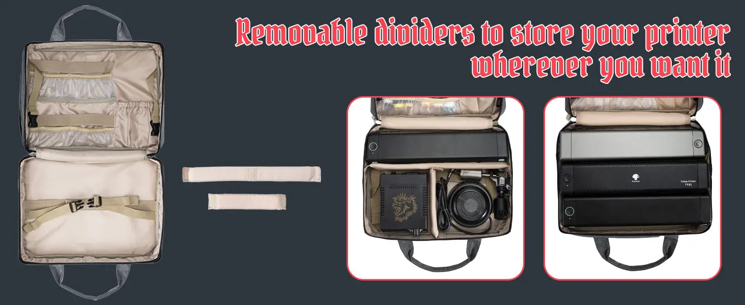 Phomemo tattoo bag customizable storage, removable dividers for stencil printer & tattoo gear placement flexibility