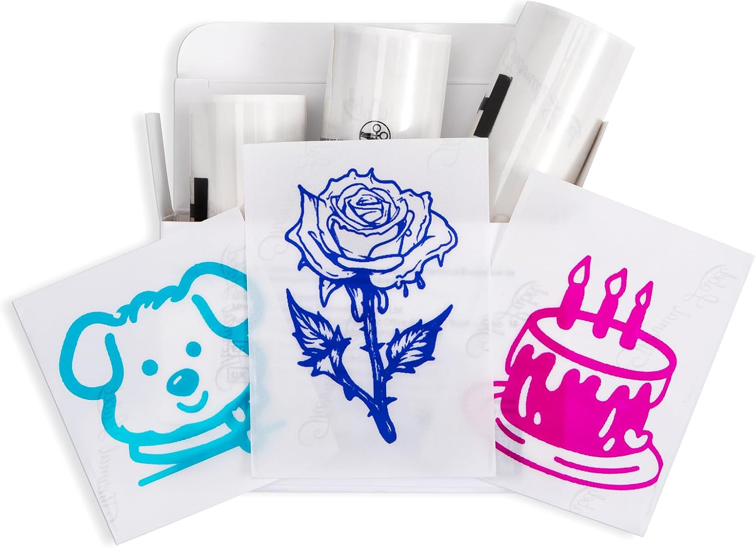 Phomemo transparent thermal sticker paper prints with cartoon dog, rose, and birthday cake using T02 mini printer