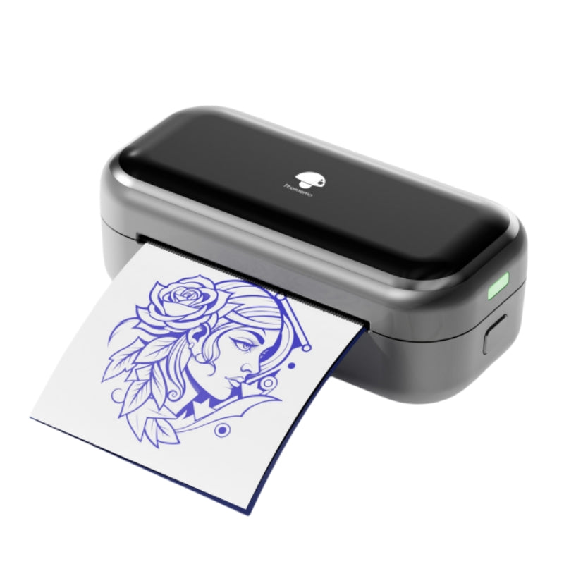 Phomemo M03 Bluetooth tattoo stencil printer printing a floral female tattoo outline on transfer paper