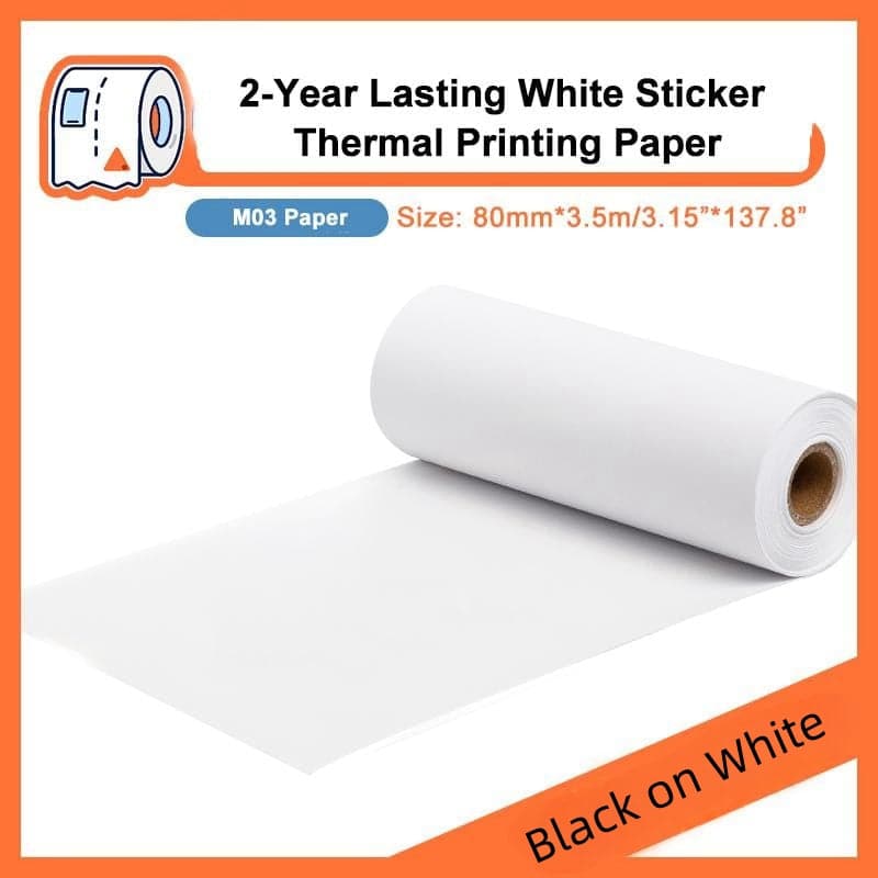 Phomemo 80 mm schwarzer auf weißem Aufkleber, 2 Jahre langlebiges Thermopapier für M03/ M03AS/ M04S/ M04AS, 3 Rollen