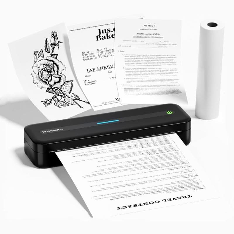 Phomemo M08F A4 portable thermal printer printing documents, with extra paper roll and sample printouts shown