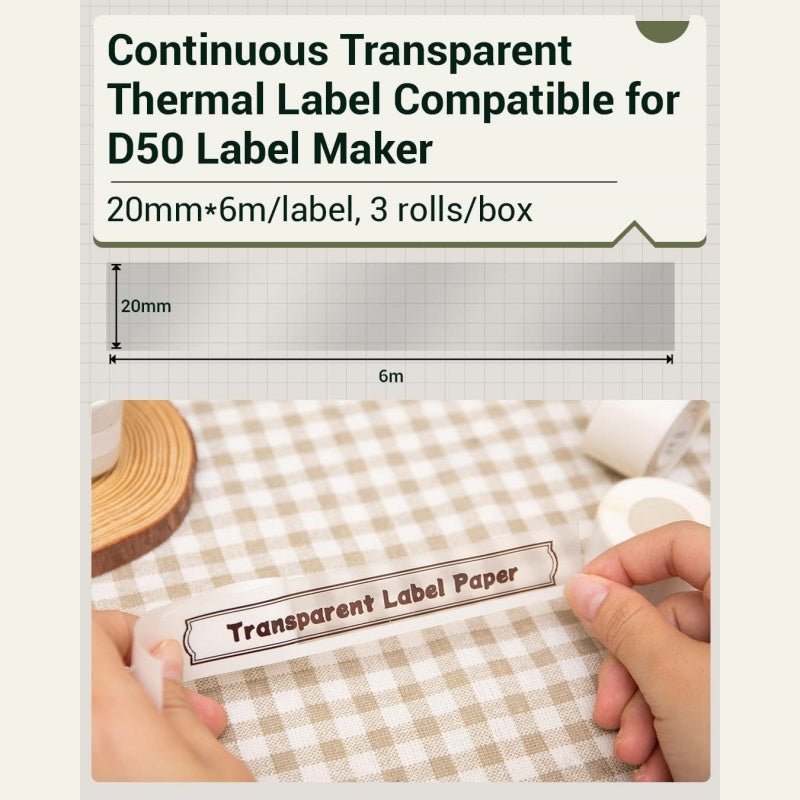 Trans Part Label Phomemo 20mmx6m Transparent Adhesive Continuous Thermal Label for D50