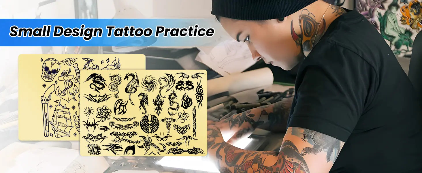 Tattoo artist practicing with small design tattoo practice skins featuring various tribal & classic patterns