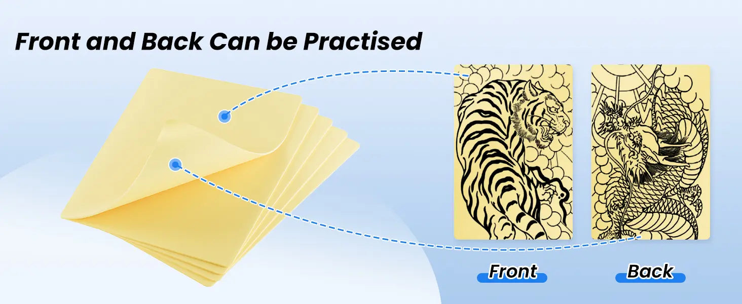 Tattoo practice skin sheets showing tiger & dragon designs on front & back for double-sided tattoo training