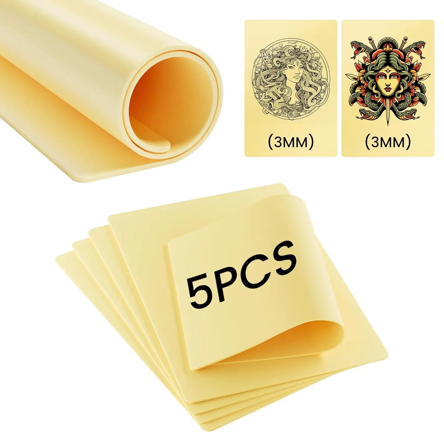 Phomemo tattoo practice skin, 5-pack, 3mm thick sheets shown rolled & flat with sample tattoo patterns.