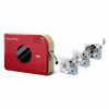 Red Phomemo A30 portable label maker shown with multiple transparent label tapes placed side by side.
