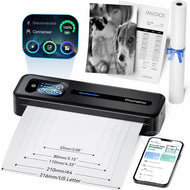 Phomemo portable thermal printer front view with touchscreen, prints multiple widths (53–216mm) for receipts and documents