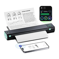Phomemo M08D portable thermal printer printing an A4 document from a smartphone via Bluetooth with battery widget overlay.