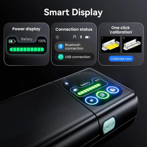 Close-up of Phomemo M08D smart touchscreen showing battery level, Bluetooth and calibration icons.