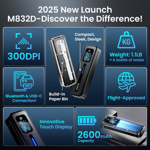 Phomemo Upgraded Portable Printer with Touchscreen, M832D Bluetooth Wireless Thermal Inkless Printer, Supports 8.5"x11" US Letter & A4, Compatible with iOS, Android, PC for Travel, Black - Phomemo