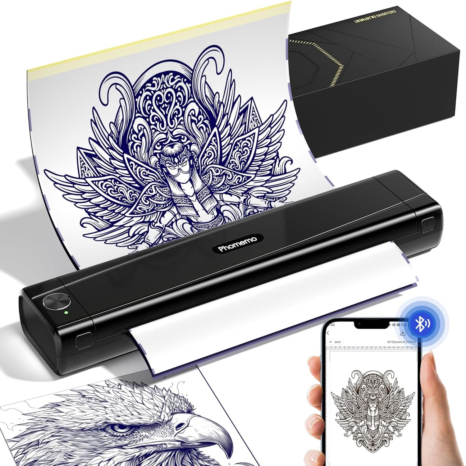 Phomemo TP87 tattoo printer printing intricate stencil via Bluetooth connection from smartphone