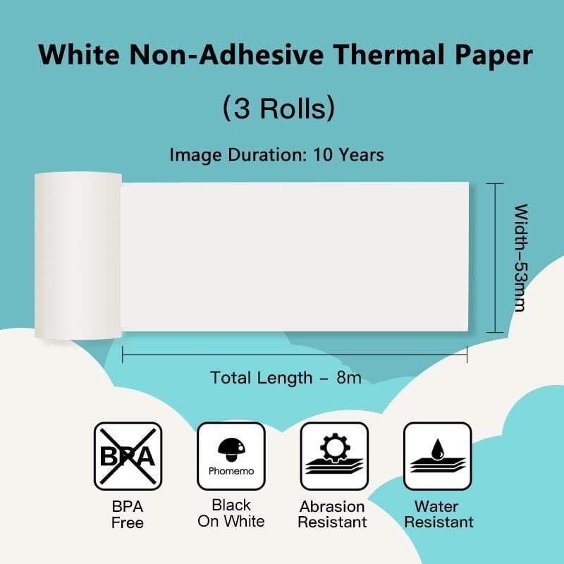 53mm White Non-Adhesive 10-Year Long-Lasting Thermal Paper For M02 Series/ M03AS/ M04S/ M04AS丨3 Rolls - Phomemo