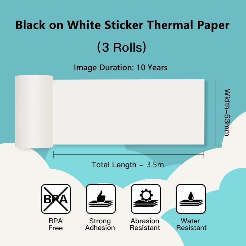 White Sticker 10-Year Long-Lasting Thermal Paper For T02 & M02X丨3 Rolls - Phomemo