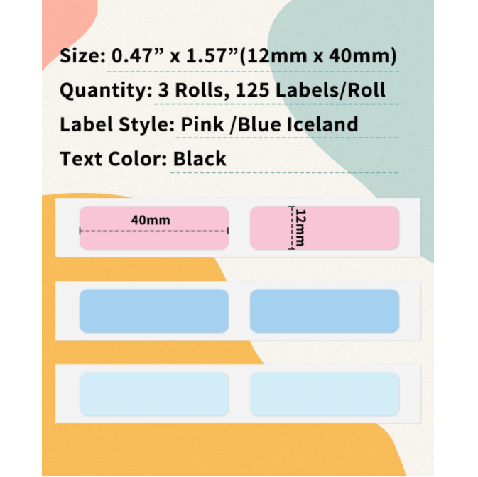 12 X 40mm Pink/Blue/Wathet Label for Q30S/ Q30  - 3 Rolls - Phomemo