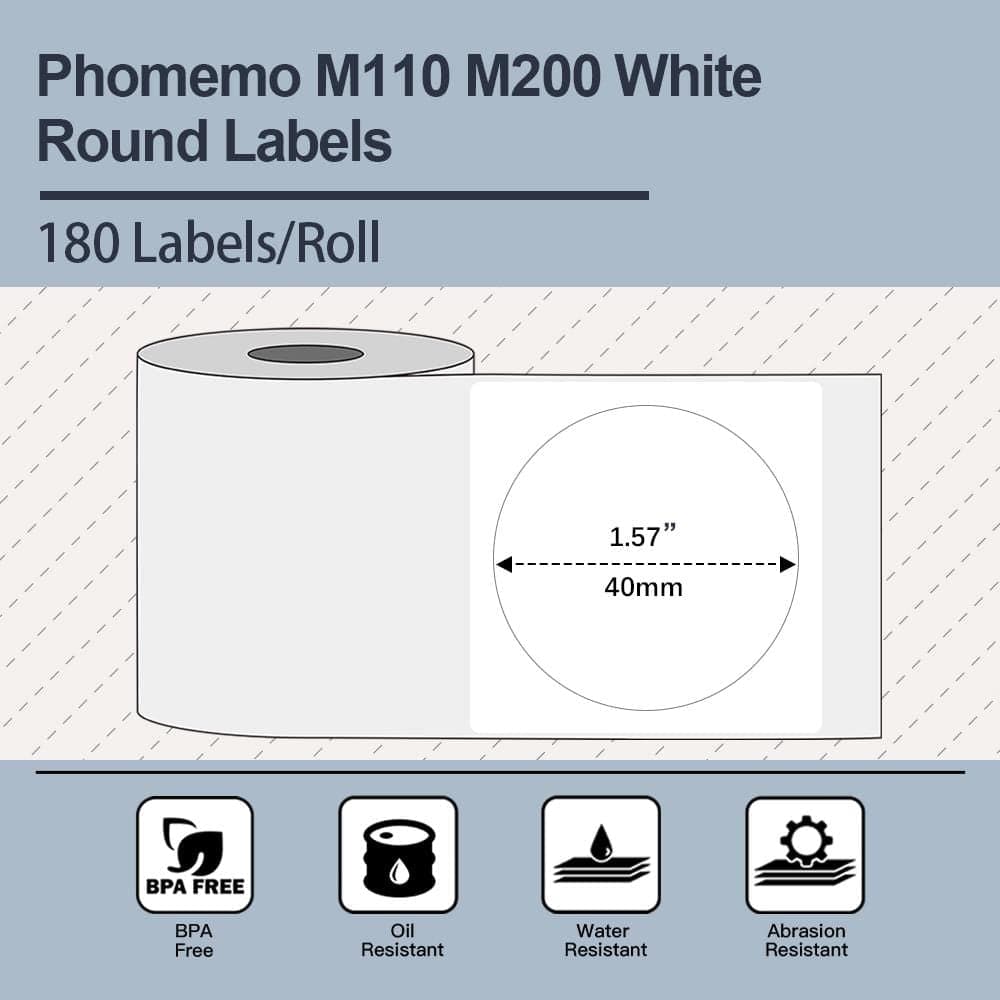 40 x 40mm Round White For M110/M120/M200/M220/M221 - 1 Roll - Phomemo