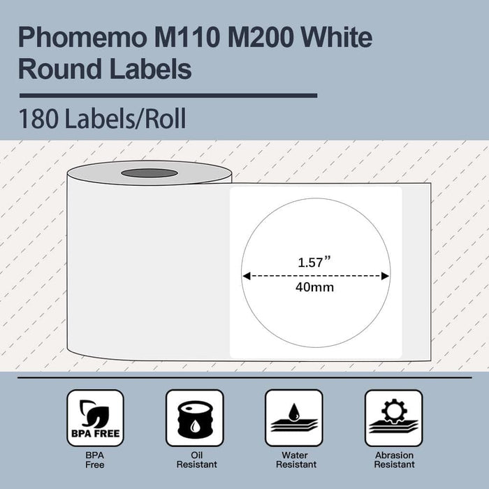 <transcy>Rundes 40*40mm weißes selbstklebendes Thermoetikett für Phomemo M110/M200 Etikettendrucker - 180 Etiketten/Rolle</transcy>