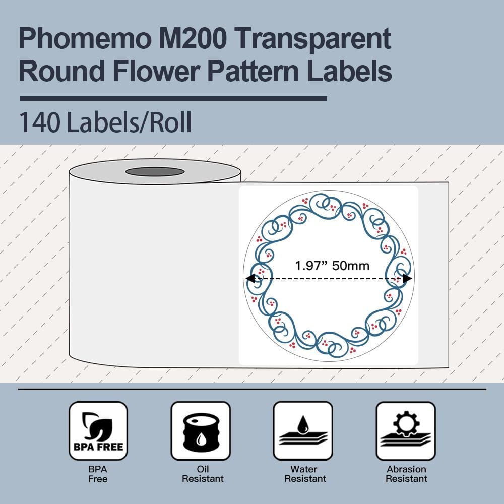 50 X 50mm Circle Transparent Flower Pattern for M110/M120/M200/M220/M221 - 1 Roll - Phomemo