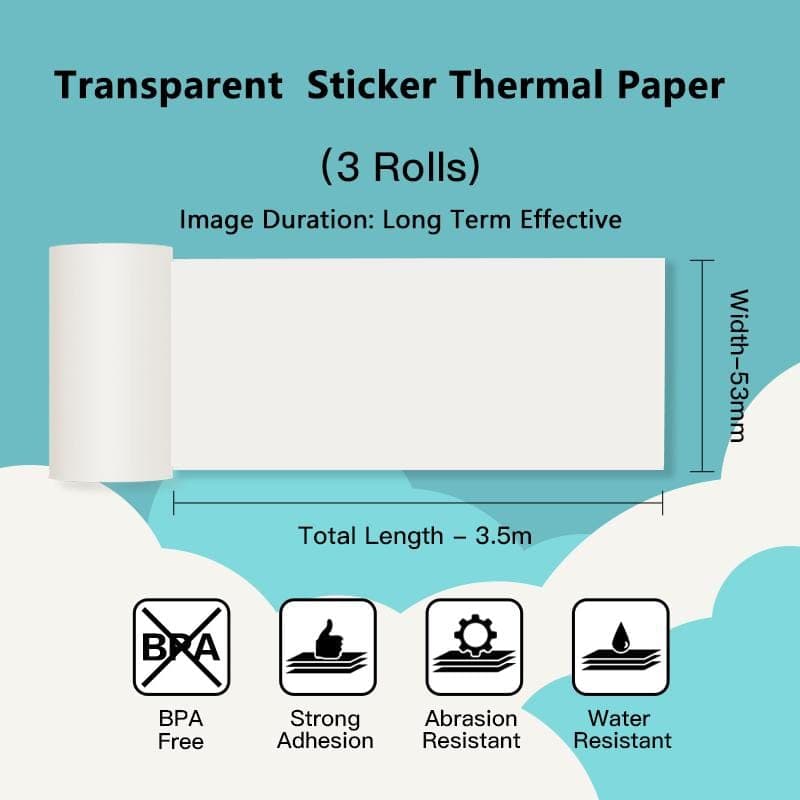 53mm Transparent Sticker Thermal Paper For M02 Series/ M03/ M03AS/ M04S/ M04AS丨3 Rolls - Phomemo