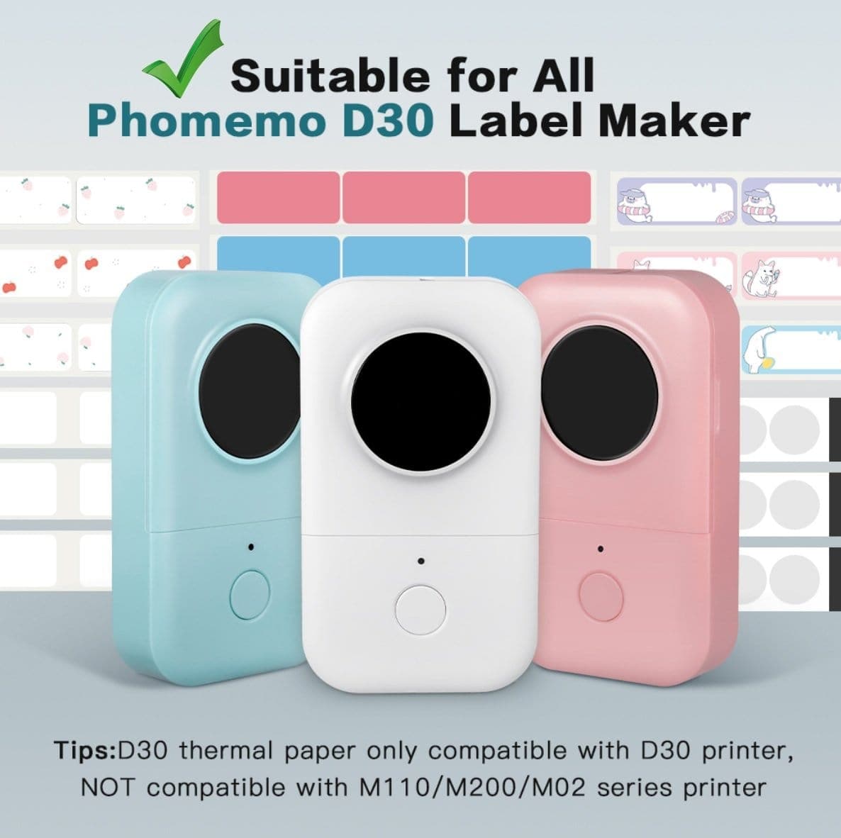 Phomemo 3 rouleaux d'étiquettes thermo-adhésives,12 mm * 30 mm,compatible  avec Phomemo D30 l'imprimante d'étiquettes, Pour la maison, l'école,210 /