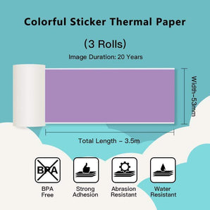53mm Colorful Sticker 20-Year Long-Lasting Thermal Paper for M02 Series/ M03AS/ M04S/ M04AS丨3 Rolls