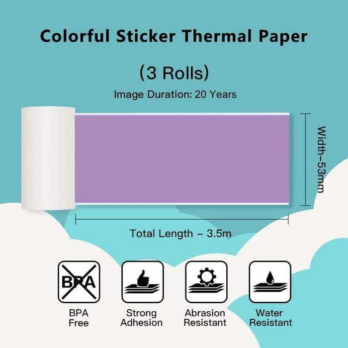 53mm Colorful Sticker 20-Year Long-Lasting Purple/Rose/Orange Thermal Paper for M02 Series/ M03AS/ M04S/ M04AS丨3 Rolls