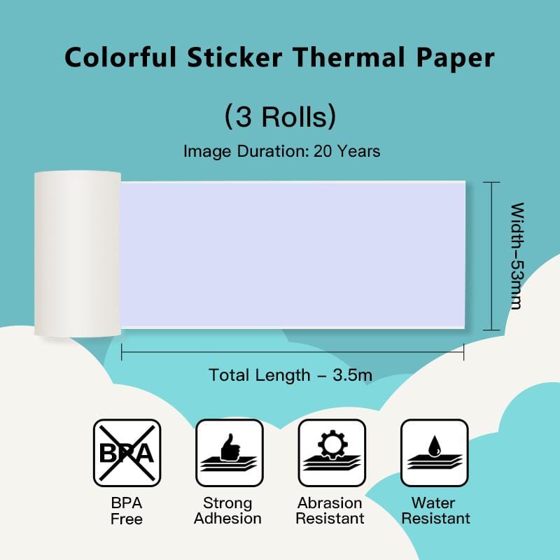 53mm Colorful Sticker 20-Year Long-Lasting Thermal Paper for M02 Series/ M03AS/ M04S/ M04AS丨3 Rolls - Phomemo