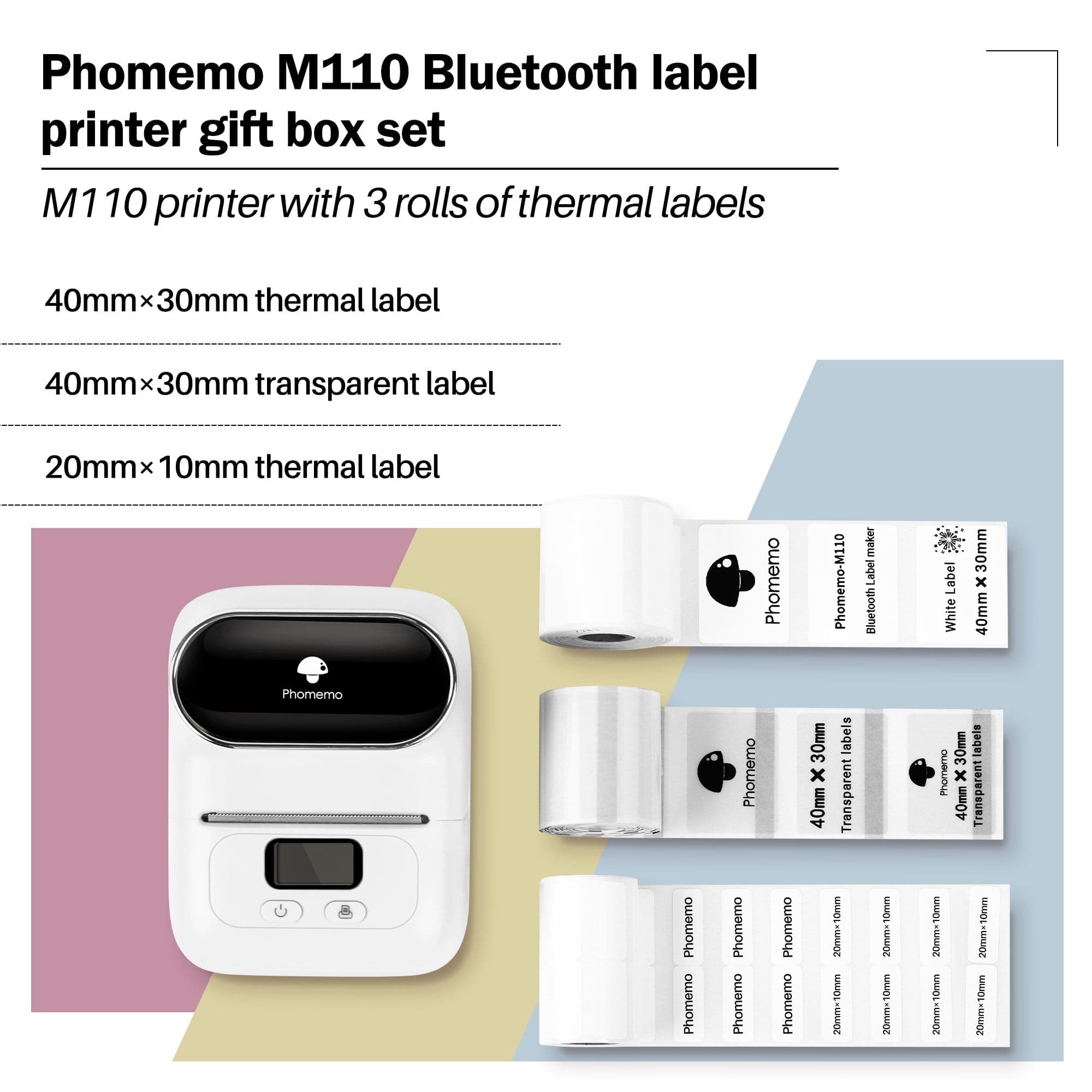 phomemo m110 smart bluetooth label maker giftset contains machine and thermal label of different size.