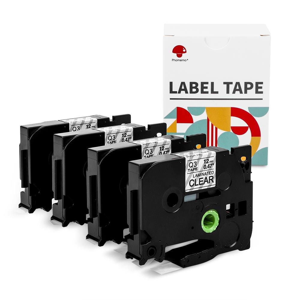 12mm Black on Clear Standard Laminated Label Maker Tape for P3100/ E1000 - 4 Packs - Phomemo