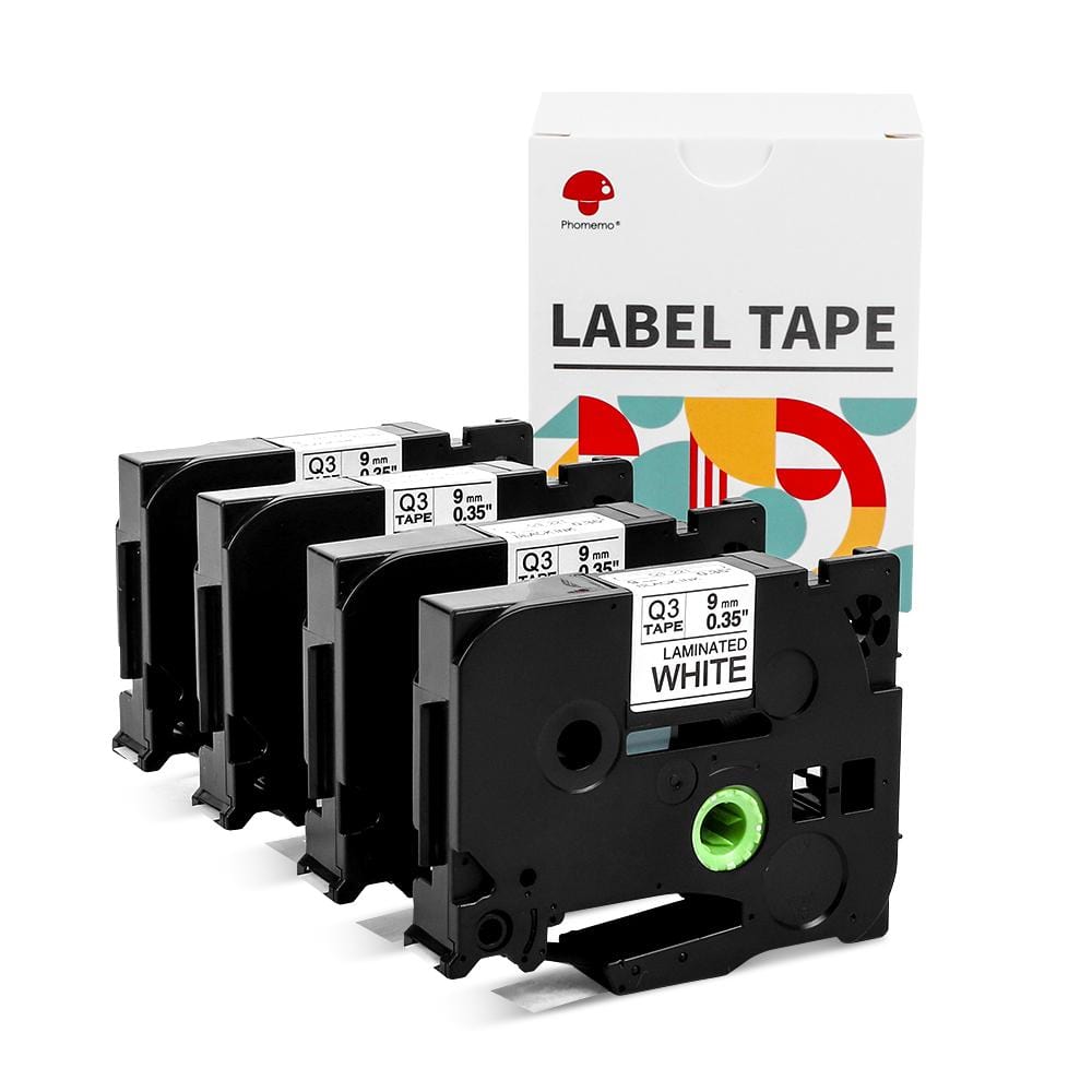 9mm Black on White Standard Laminated Tape for P3100/ E1000 - 4 Packs - Phomemo