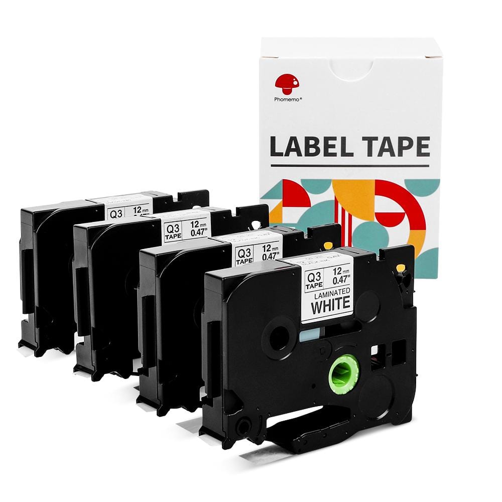 12mm Black on White Standard Laminated Tape for P3100/ E1000 - 4 Packs - Phomemo