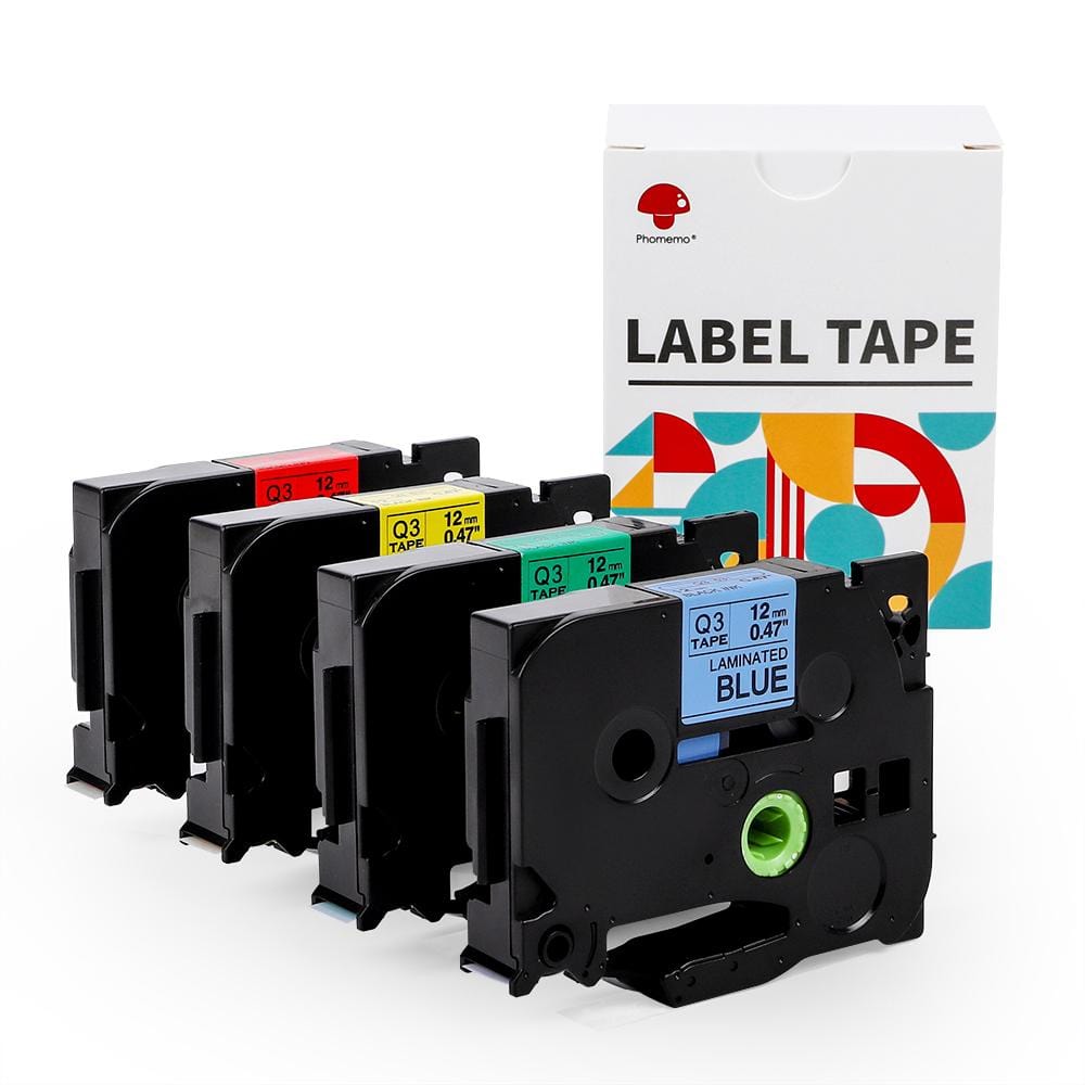 12mm Black on Red/Yellow/Green/Blue Standard Laminated Tape for P3100/ E1000 - 4 Packs - Phomemo