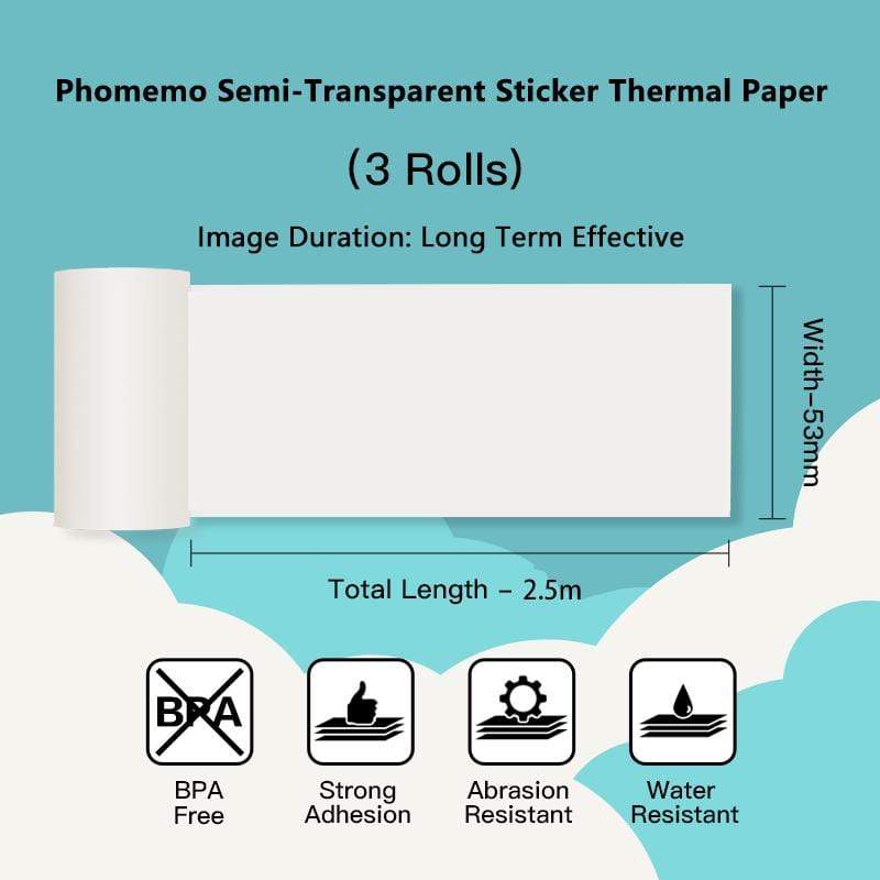 Phomemo 53mm Semi - Transparent Sticker Thermal Paper for M02/M02S/M02Pro/M03/M04S/M04AS/M832/P2S丨3 Rolls - Phomemo