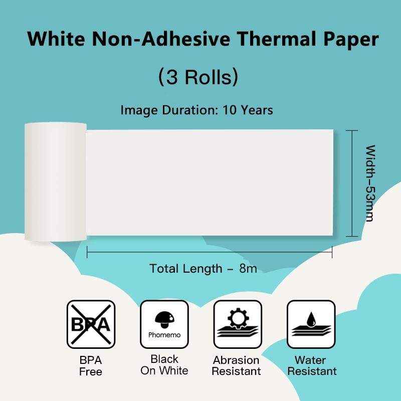 Phomemo 53mm White Non - Adhesive 10 - Year - Lasting Thermal Paper for M02/M02S/M02Pro/M03/M04S/M04AS/M832/P2S丨3 Rolls - Phomemo