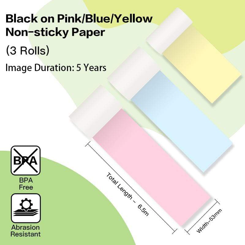 Phomemo 53mm Yellow/Pink/Blue Non - Adhesive 5 - Year - Lasting Thermal Paper for M02/M02S/M02Pro/M03/M04S/M04AS/M832/P2S丨3 Rolls - Phomemo